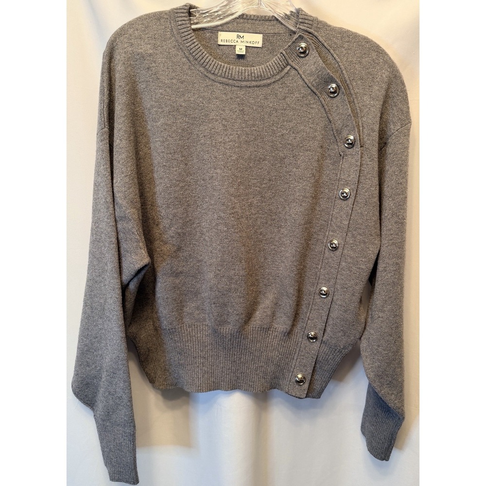 Rebecca Minkoff Women's Medium Diagonal Button Detail Sweater Gray Soft Knit